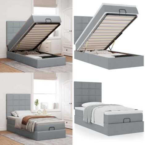 Pouf Letto con Materasso Grigio Chiaro 100x200 cm in Tessuto - Materasso a molle insacchettate - Letto con stoccaggio
