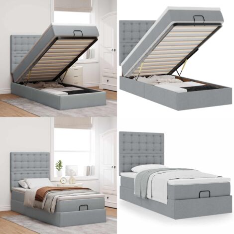 Pouf Letto con Materasso Grigio Chiaro 100x200 cm in Tessuto - Materasso a molle insacchettate - Letto con stoccaggio
