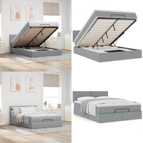 Pouf Letto con Materasso Grigio Chiaro 140x190 cm in Tessuto - Materasso a molle - Letto con stoccaggio