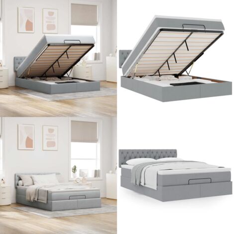 Pouf Letto con Materasso Grigio Chiaro 140x190 cm in Tessuto - Materasso a molle - Letto con stoccaggio