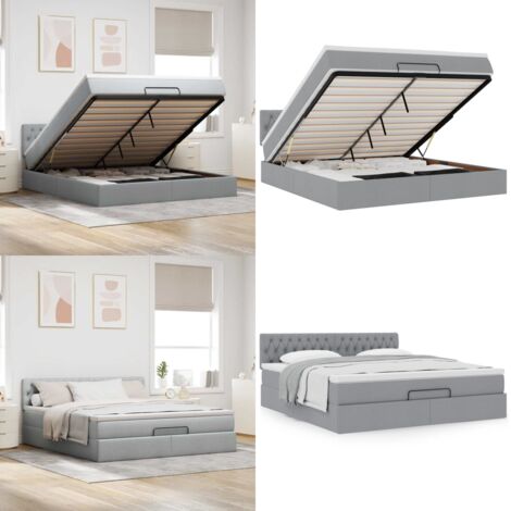 Pouf Letto con Materasso Grigio Chiaro 160x200 cm in Tessuto - Materasso a molle insacchettate - Letto con stoccaggio