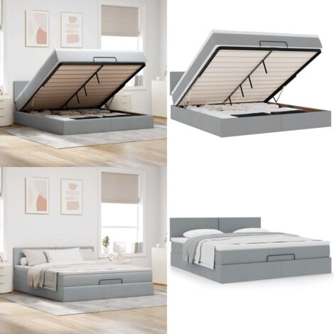 Pouf Letto con Materasso Grigio Chiaro 160x200 cm in Tessuto - Materasso a molle insacchettate - Letto con stoccaggio