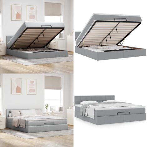 Pouf Letto con Materasso Grigio Chiaro 160x200 cm in Tessuto - Materasso a molle insacchettate - Letto con stoccaggio