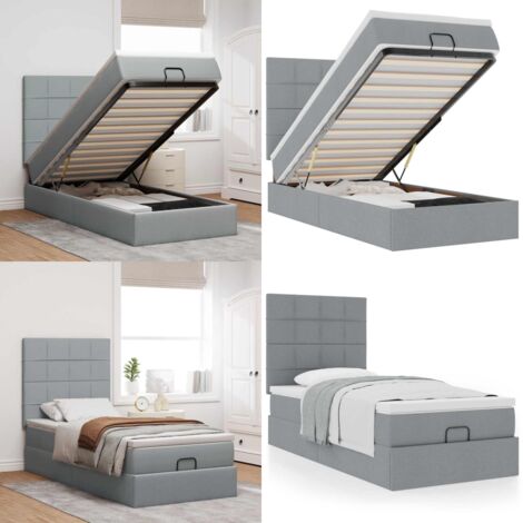 Pouf Letto con Materasso Grigio Chiaro 90x200 cm in Tessuto - Materasso a molle insacchettate - Letto con stoccaggio