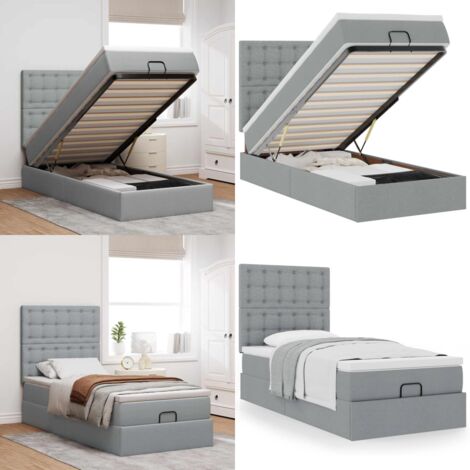 Pouf Letto con Materasso Grigio Chiaro 90x200 cm in Tessuto - Materasso a molle insacchettate - Letto con stoccaggio