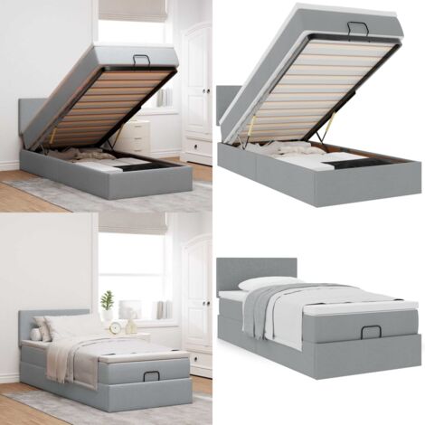 Pouf Letto con Materasso Grigio Chiaro 90x200 cm in Tessuto - Materasso a molle insacchettate - Letto con stoccaggio