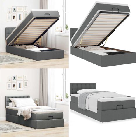 Pouf Letto con Materasso Grigio Scuro 90x200 cm in Tessuto - Materasso a molle insacchettate - Letto con stoccaggio