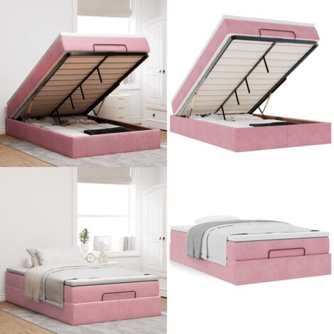 Pouf Letto con Materasso Rosa 120x190 cm Velluto - Materasso a molle insacchettate - Letto con vano portaoggetti