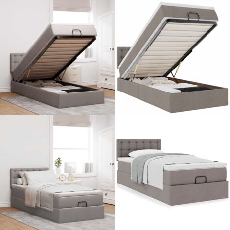 Pouf Letto con Materasso Tortora 90x200 cm in Tessuto - Materasso a molle insacchettate - Letto con stoccaggio