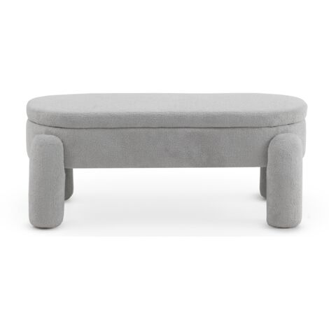 Pouf mit Gestell und Beinen, bezogen mit hellgrauem Bouclé