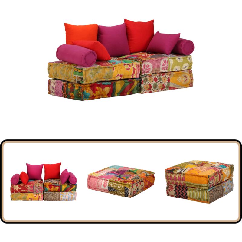 Pouf modulaire à 2 places Patchwork Tissu - Canapé Modulable - Pouf Convertible - Canapé-lit - Design Patchwork - Coussins Déco