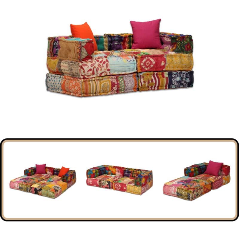 Pouf modulaire à 2 places Patchwork Tissu - Canapé Modular - Pouf Convertible - Canapé Lit - Décoration Intérieure - Style Exotique