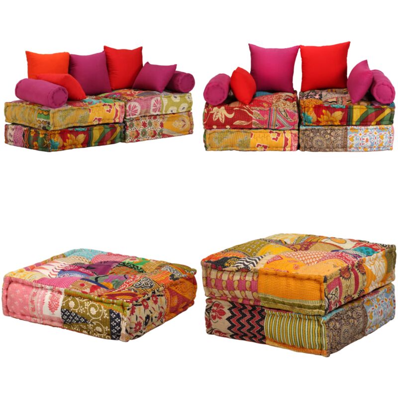 Pouf modulaire à 2 places Patchwork Tissu - Canapé Modulable - Pouf Convertible - Canapé-lit - Design Patchwork - Coussins Déco - Home & Living