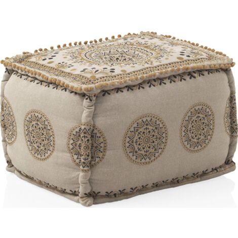 Pouf multicolore en coton polyester brodé forme rectangulaire - lin brodé motifs moutarde et noir