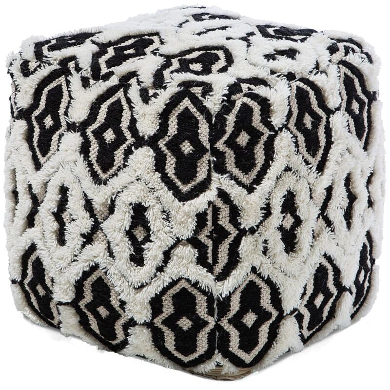Pouf Repose-pied Cubique en Laine et Coton Noir et Blanc avec Motif Oriental Tendance Accessoire Déco pou Salon ou Chambre Boho Beliani