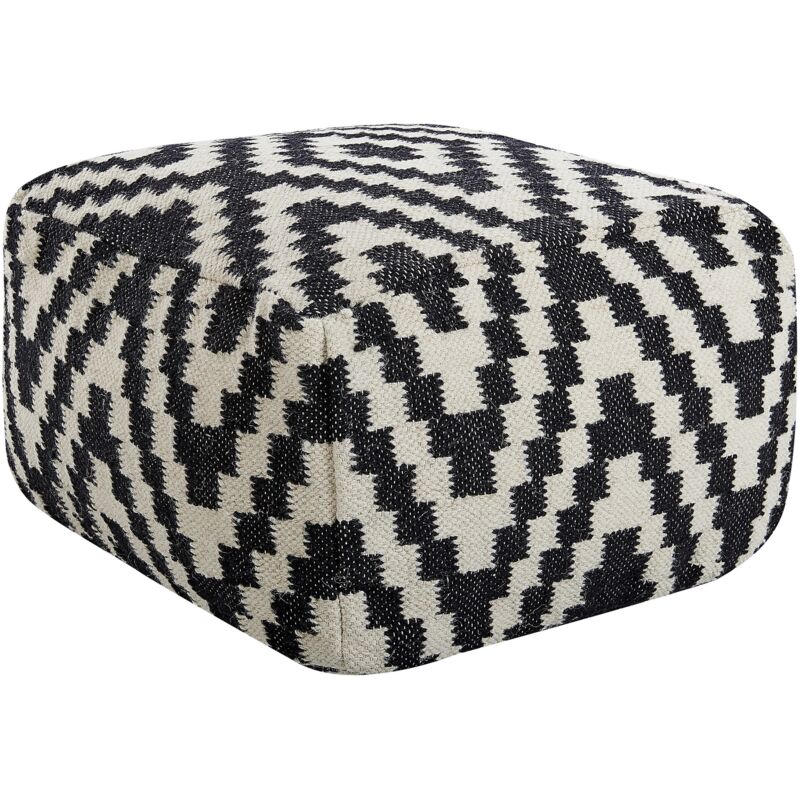 Pouf Tricoté en Laine Noir et Blanc Carré Garni de Billes de Polystyrène Knidos