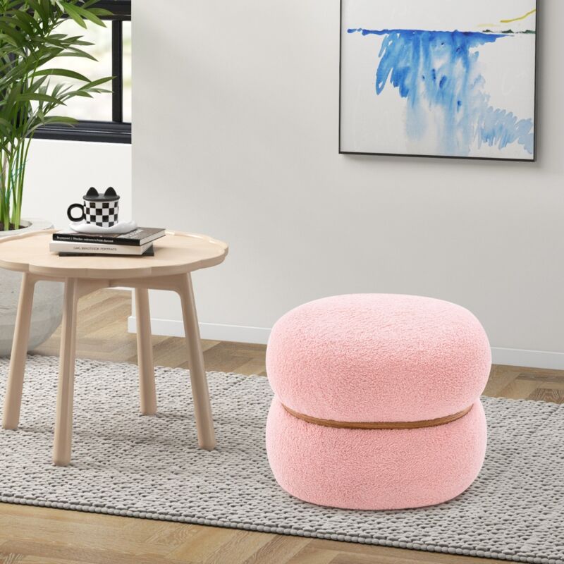 Pouf Ovale Tabouret en Tissu de Sherpa Base Stable et Patins Antidérapants Repose-pieds Polyvalent Rose design in