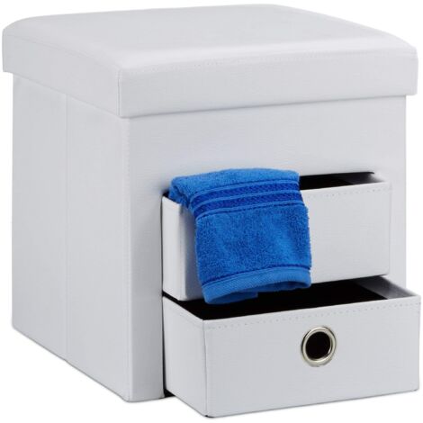Pouf pieghevole Relaxdays, vano portaoggetti, 2 scomparti rimovibili, HxLxP: 38 x 38 x 38 cm, ecopelle, pouf, bianco