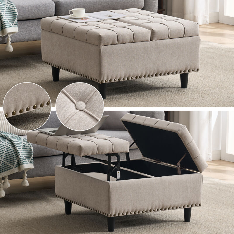 Pouf Pliable Coffre de Rangement Carré 75x75x41cm PU Cuir Petit Canapé pour Salon Chambre Meuble Entrée Meuble Chaussures Beige