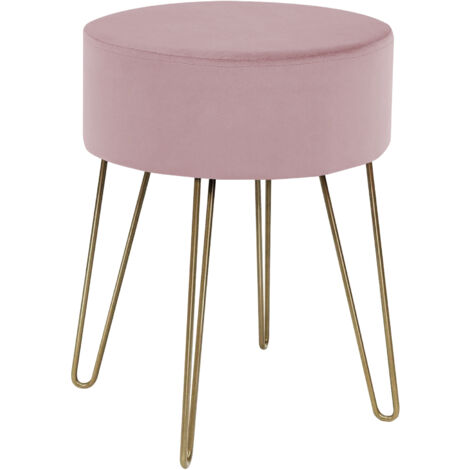 Pouf Poggiapiedi In Velluto Con Gambe Dorate Elegante Imbottito Sgabello Per Toeletta Mobile Trucco Ottomano Ingresso Tavolino Camera Da Letto Soggiorno Salotto Rosa Antico - Rotondo
