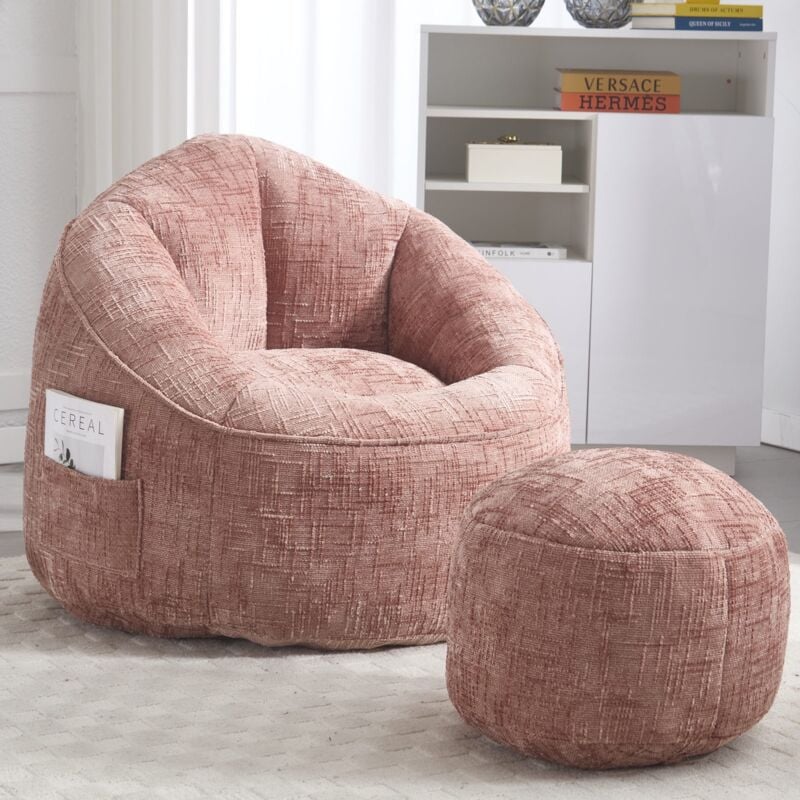Pouf poire 89x88x76 cm, avec repose-pieds, tissu chenille, pouf adulte, mousse haute pression pour salon et chambre – Rose