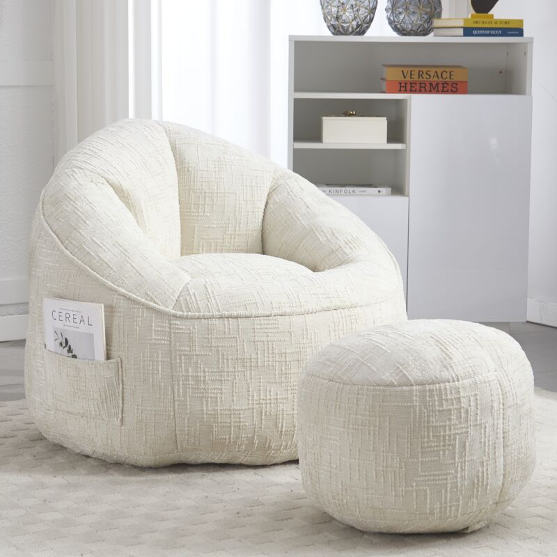 Pouf poire 89x88x76 cm, avec repose-pieds, tissu chenille, pouf adulte, mousse haute pression pour salon et chambre – Beige
