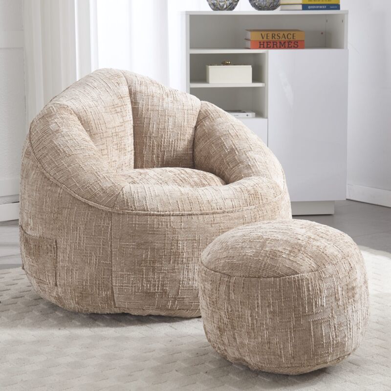 Pouf poire 89x88x76 cm, avec repose-pieds, tissu chenille, pouf adulte, mousse haute pression pour salon et chambre – Kaki