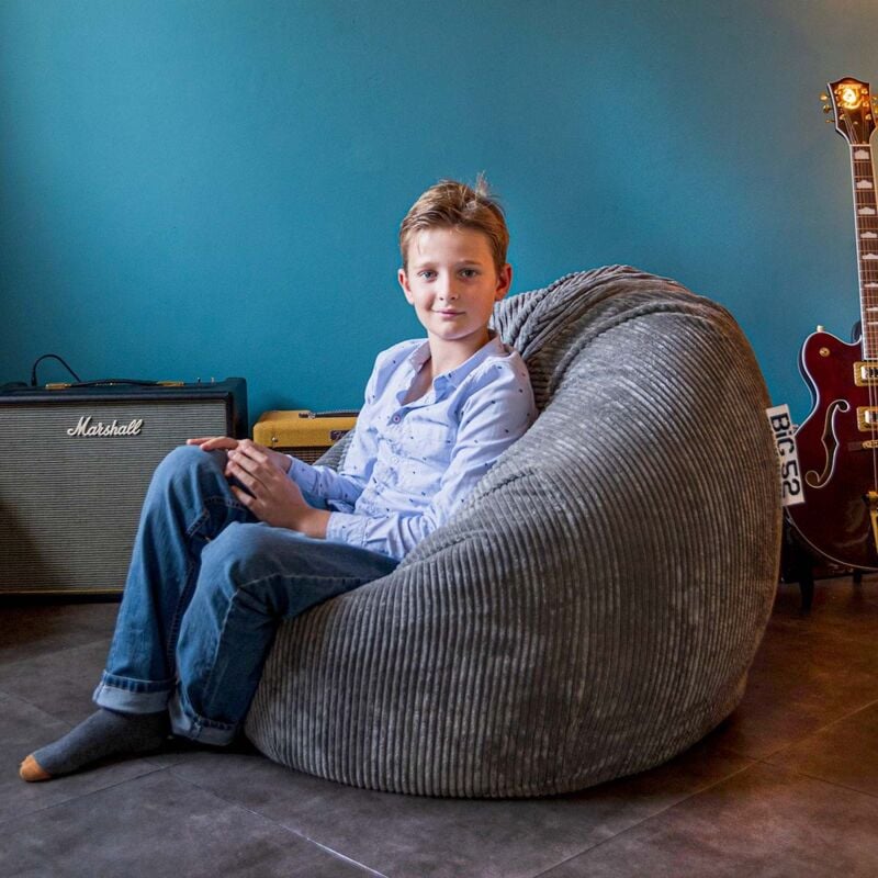 Pouf Poire Déhoussable avec Billes, Velours Côtelé Gris, Intérieur pour Salon, Chambre - BiG52