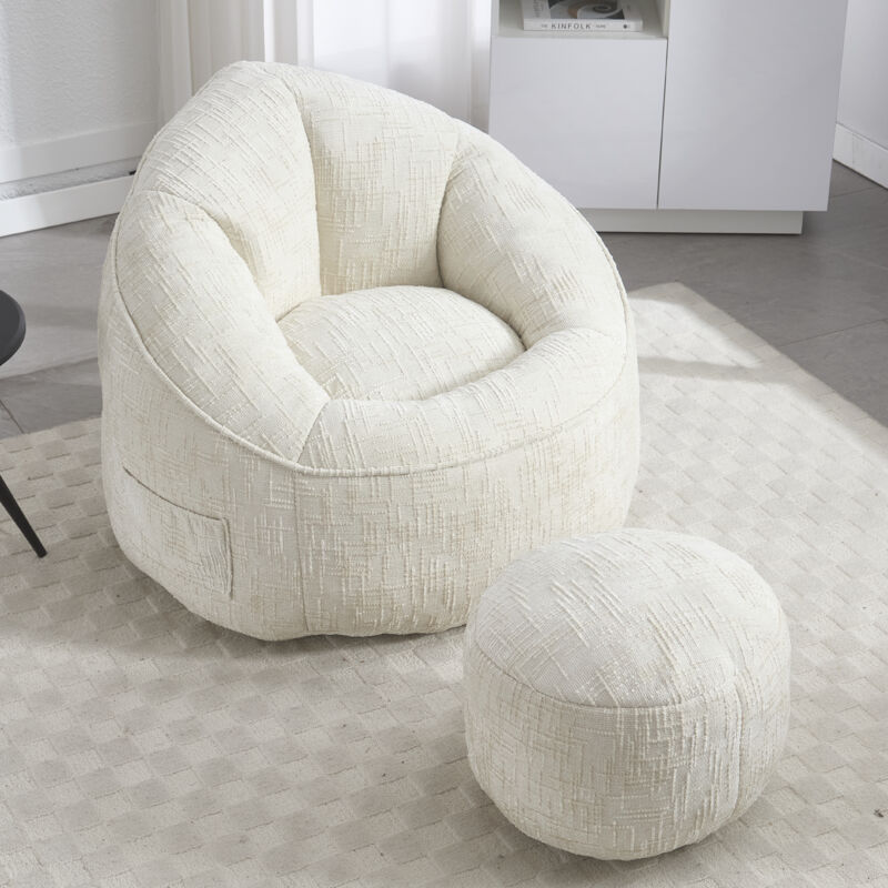 Pouf poire en mousse haute pression pour adulte avec rembourrage en mousse rembourré, pouf compressé avec repose-pieds (beige)