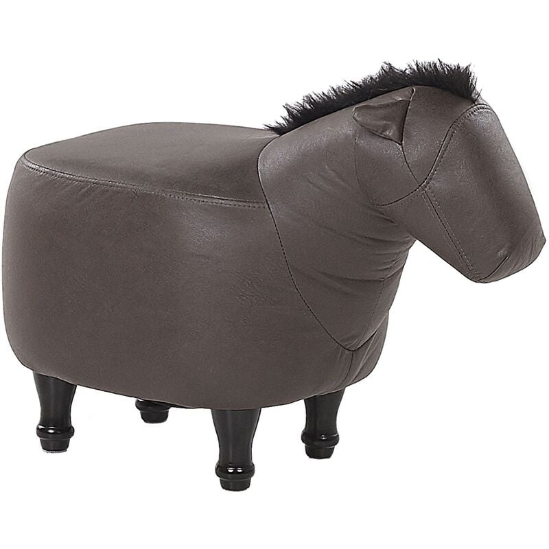 Pouf Tabouret pour Enfant en Forme de Cheval en Cuir pu Marron Foncéet Pieds Bois Beliani