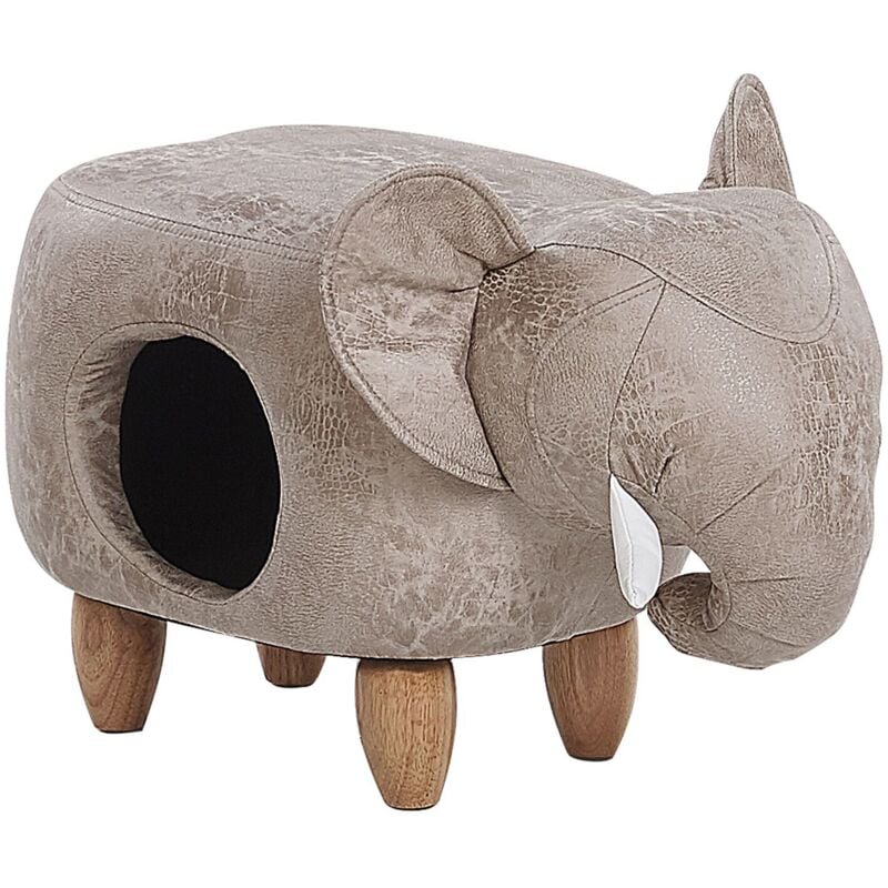 Pouf Tabouret pour Enfant en Forme d'Éléphant en Cuir pu Gris Clair et Pieds Bois avec Espace Maison Pour Chat Beliani