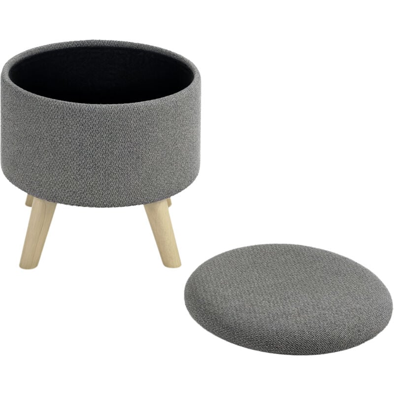 Pouf repose-pied tabouret avec coffre de rangement - pieds bois tissu aspect lin gris