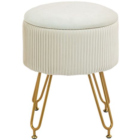 Pouf, repose-pied, tabouret avec rangement 2-en-1 rembourré velours pour chambre salon couloir cadre acier Ø40x48cm crème