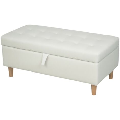 Pouf, repose-pied, tabouret Rangement Intégré Pieds Bois Dessus Tissu Doux Blanc Crème Design Pratique Confortable