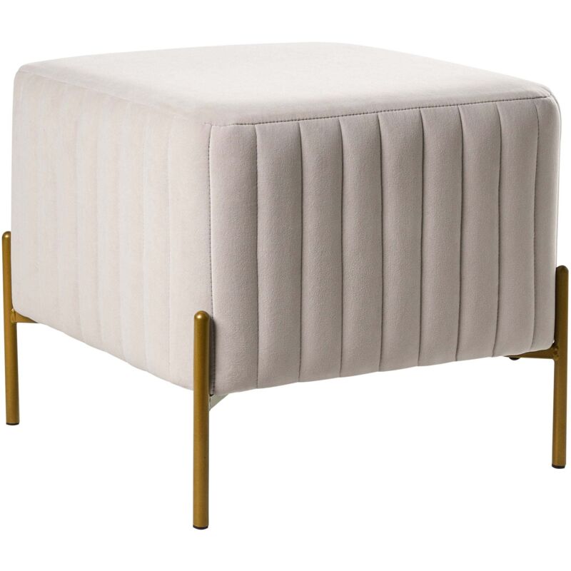 Pouf Repose-Pieds Carré en Velours avec Pieds Métalliques Dorés Ottoman Glam Style Blanc Cassé Utah