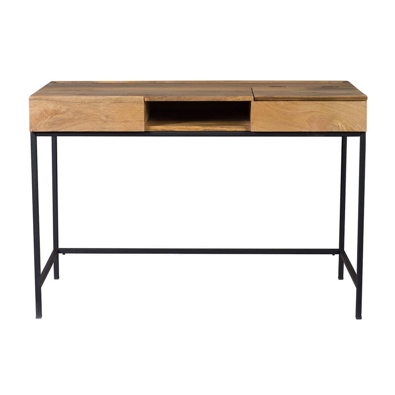 Bureau à rangements industriel bois manguier massif et métal noir L118 cm ypster