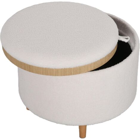 Pouf rond capitonné Ø56 x 42 cm, avec espace de rangement et couvercle à charnières, pieds en bois, idéal pour le salon et la chambre, blanc.