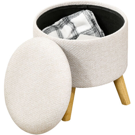 Pouf rond de rangement avec repose-pieds, tabouret design moderne en bois crème, coffre intégré