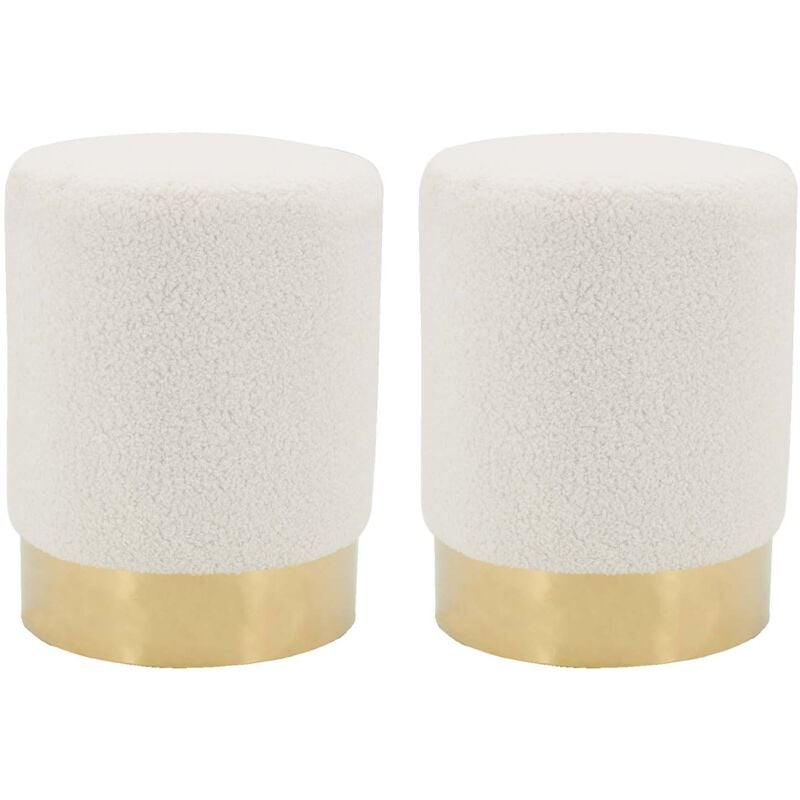 Pouf rond en bouclette et métal doré (Lot de 2)