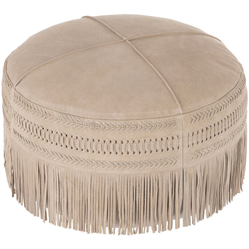 Pouf rond à franges 50x25 cm en cuir et coton gris clair