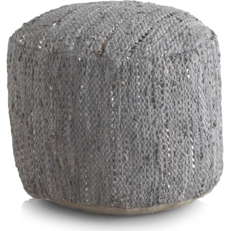 Pouf rond gris en cuir et coton fait main confort moderne - gris tressé clair