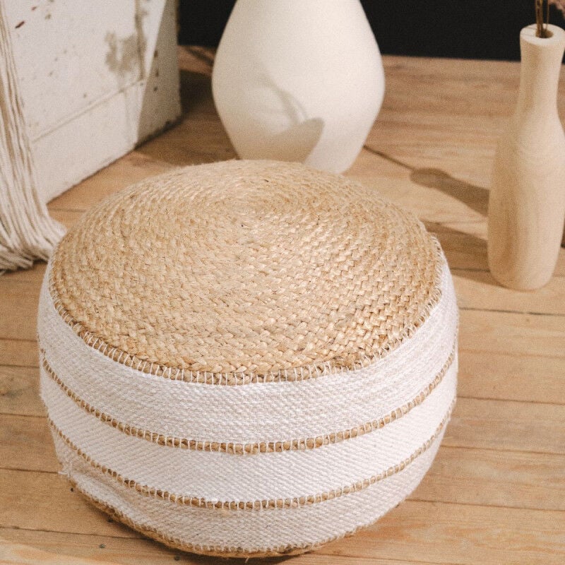 Pouf rond 'Indies" en coton et jute - Beige/Blanc - D 50 x H 35 cm - Livraison gratuite