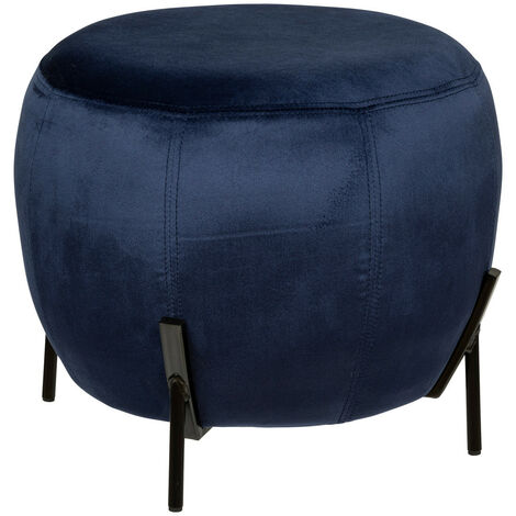 Pouf rond , repose-pieds en velours coloris bleu foncé - Diamètre 44 x Hauteur 64 cm