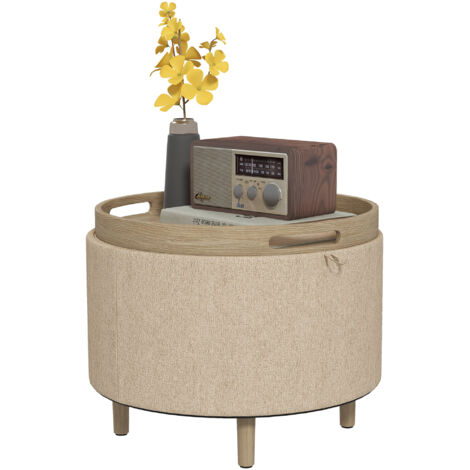 Pouf rond repose-pieds tabouret avec coffre de rangement, plateau réversible, meuble 3 en 1 pied en bois beige