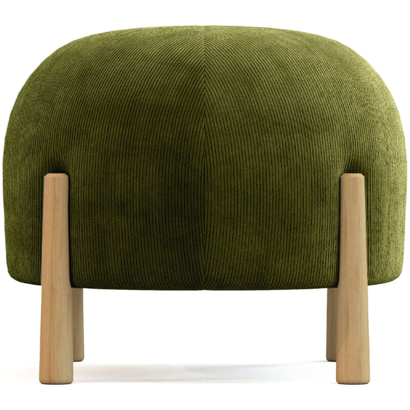 Pouf Rond Tapissé en Velours Côtelé avec Pieds en Bois Naturel - Marrakesh Olive