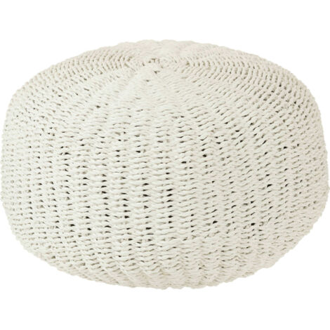 Pouf rond tressé blanc assise d'appoint moderne et confortable - Blanc tressé contemporain