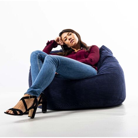 Pouf Rond XL, Déhoussable avec Billes, Velours Côtelé ultra doux Bleu Marine, Intérieur pour Salon, Chambre - TiTAN