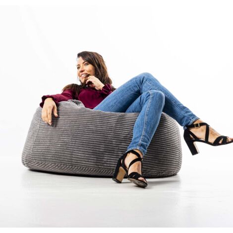 Pouf Rond XL, Déhoussable avec Billes, Velours Côtelé ultra doux Gris, Intérieur pour Salon, Chambre - TiTAN