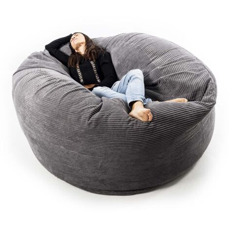 Pouf rond XXL déhoussable en velours côtelé gris – Rembourrage en billes de polystyrène – Confort intérieur pour salon et chambre