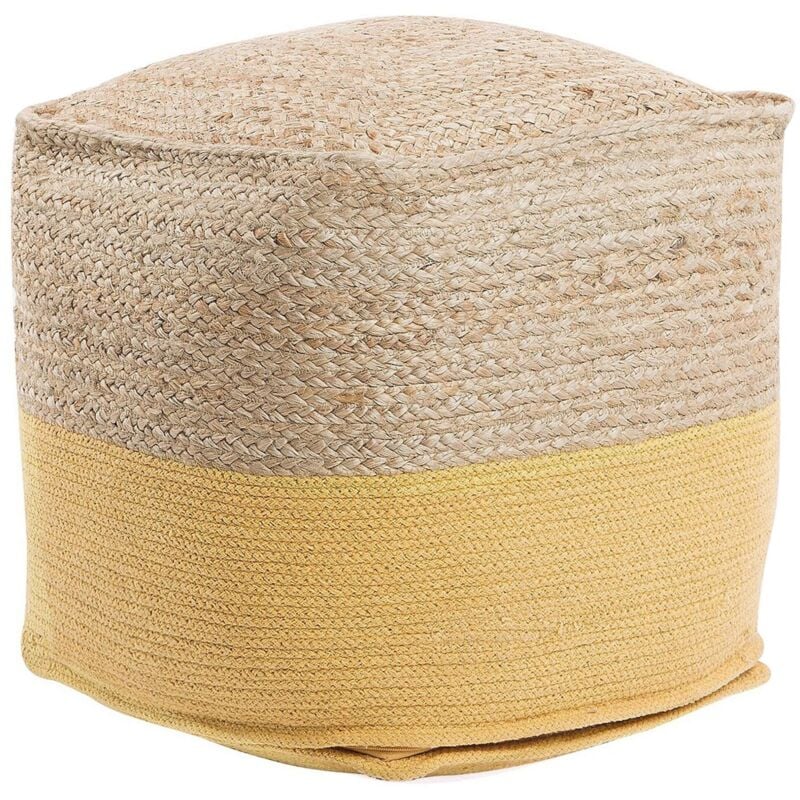 Pouf de Forme Cubique 44 x 44 cm fabriqué en Jute Beige et en Coton Jaune avec Remplissage en Billes de Polystyrène Beliani